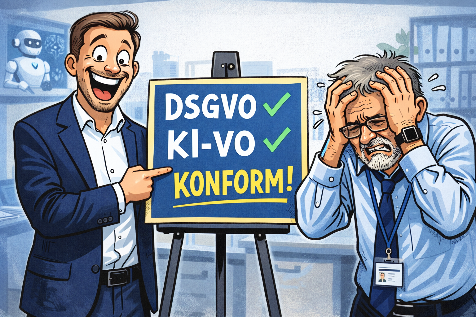 Illustration: Ein Anbieter zeigt ein Schild mit Compliance-Zusagen, während ein Verantwortlicher ratlos daneben sitzt.