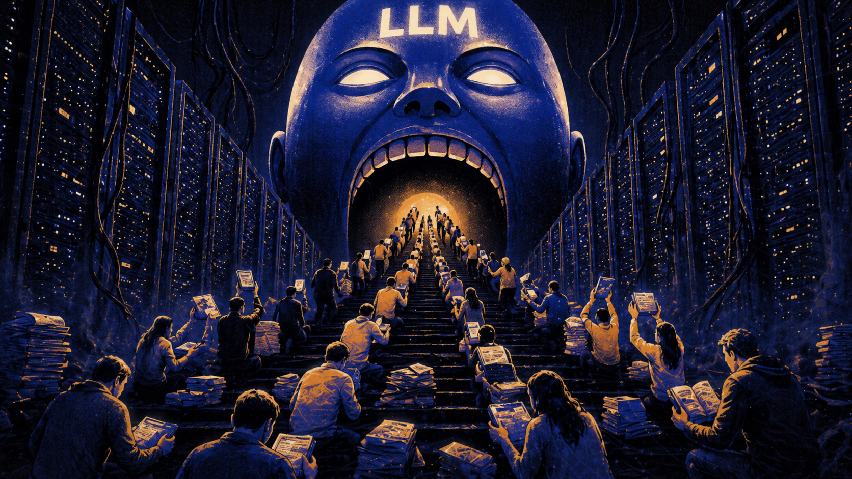 Symbolische Illustration: Menschen mit digitalen Geräten vor einer großen, mit LLM beschrifteten Gestalt in einer Serverhalle.
