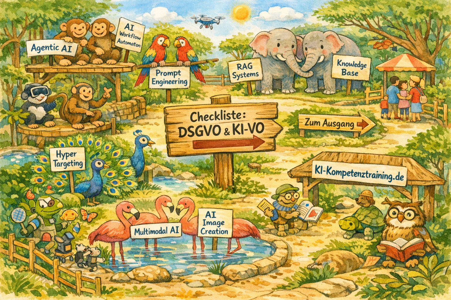 Illustriertes KI-Wimmelbild als Tiergarten mit verschiedenen KI-Anwendungen und einem Wegweiser zur DSGVO- und KI-Verordnungs-Checkliste.