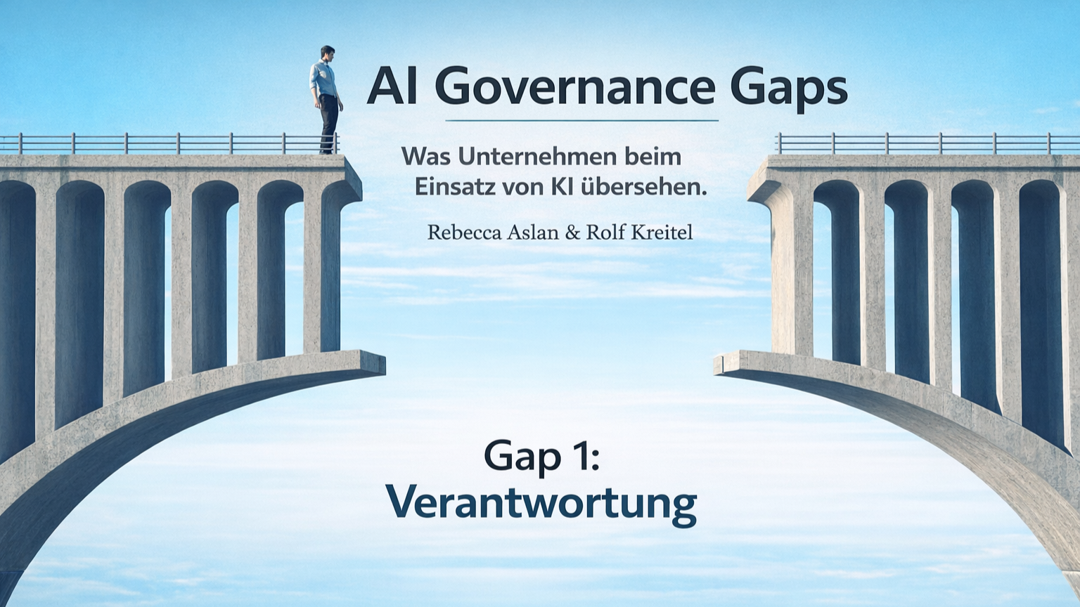 Illustration AI Governance Gaps: Eine Person steht vor einer Lücke zwischen zwei Brückenteilen.